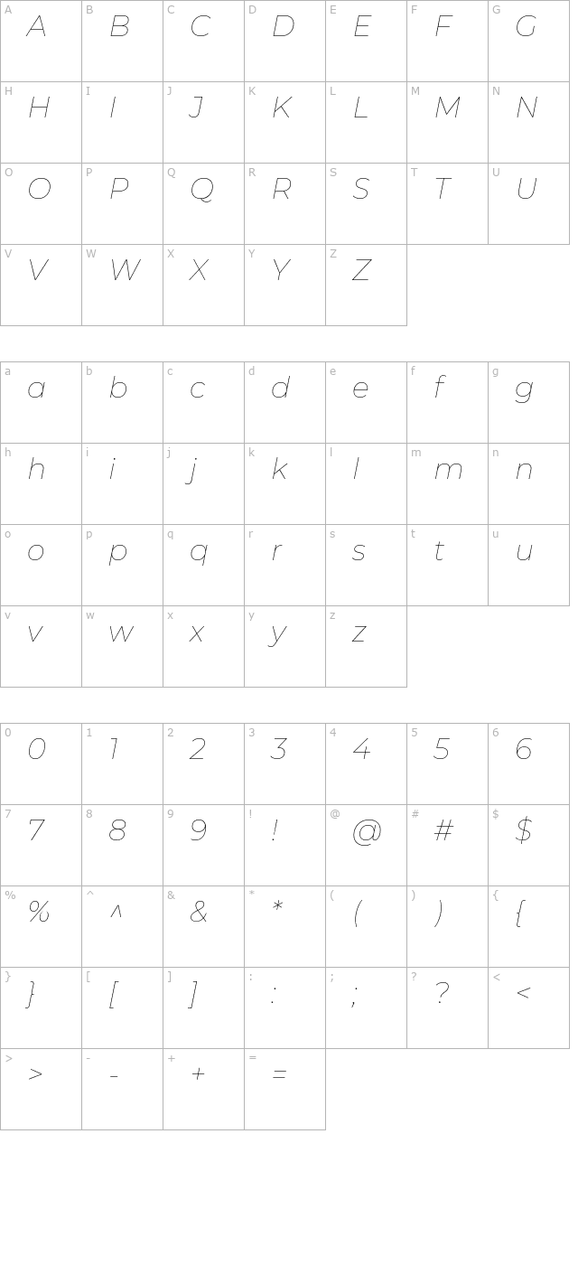 Montserrat Thin Italic character map