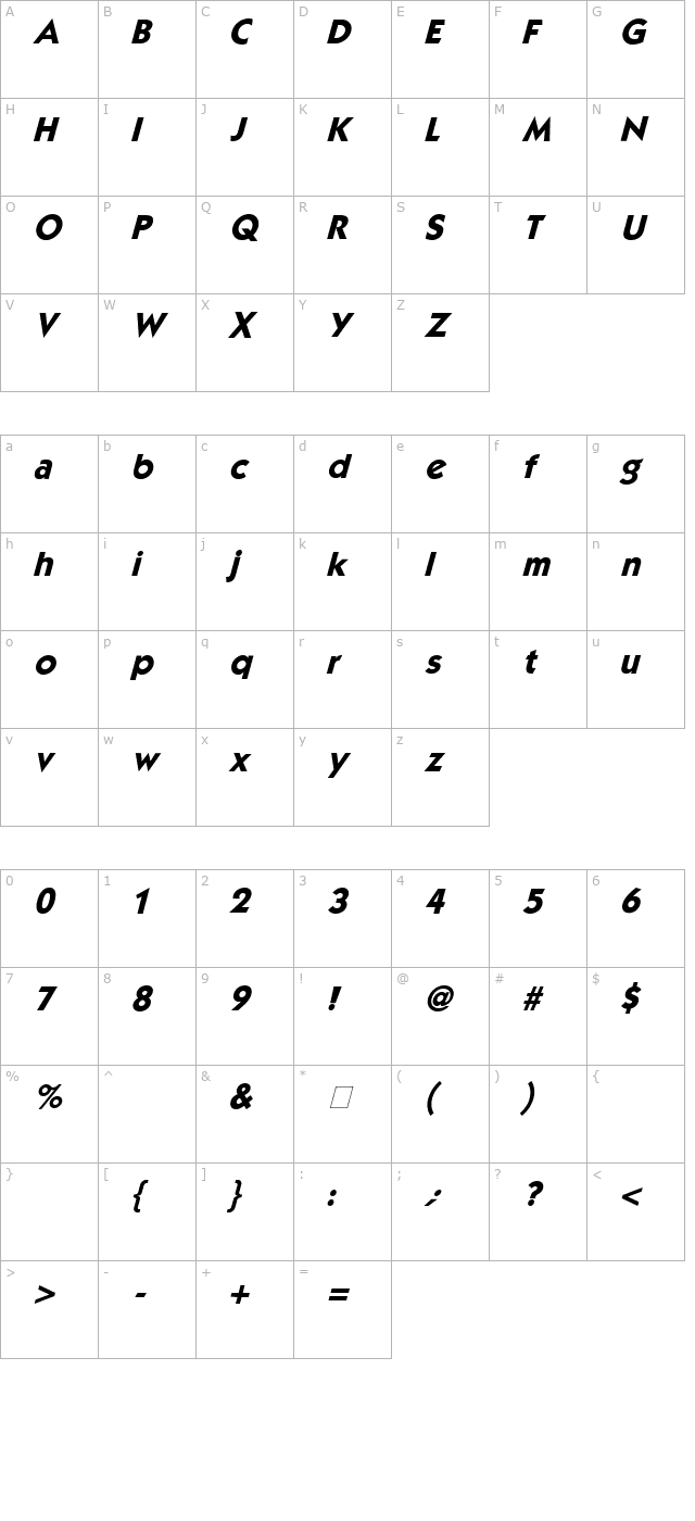 mouser-italic character map