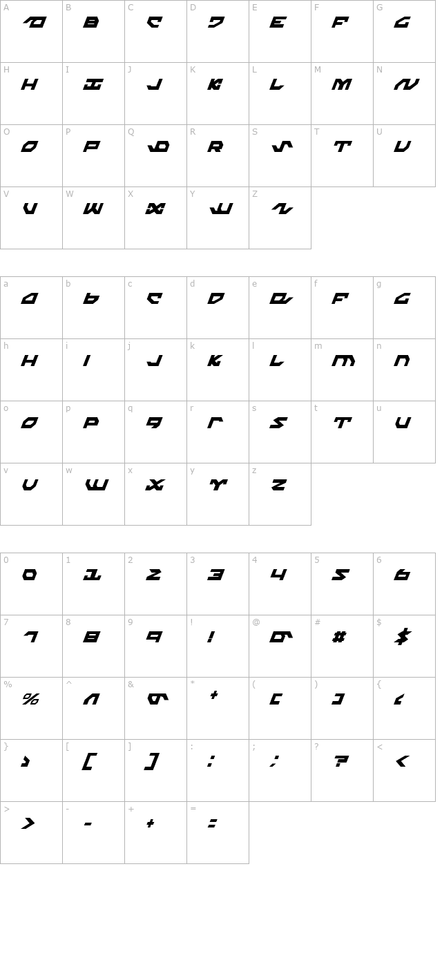 Nightrunner Condensed Italic character map