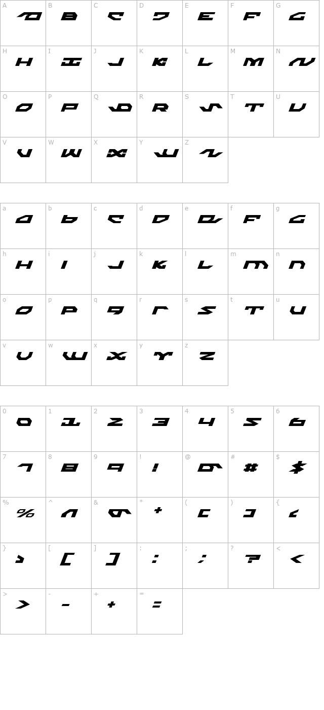 Nightrunner Expanded Italic character map