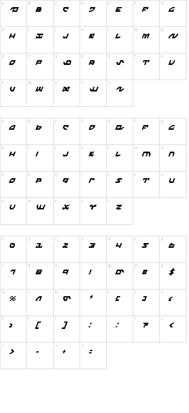 Nightrunner Extra Condensed Italic character map