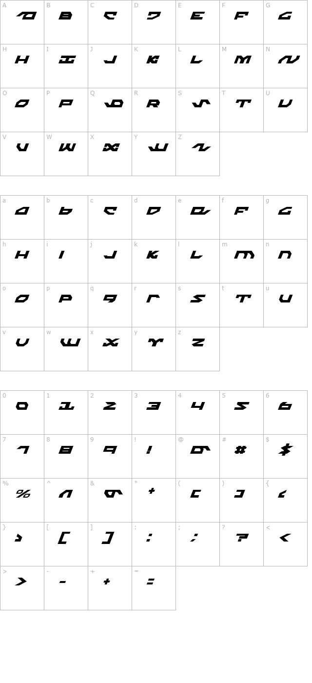 Nightrunner Italic character map