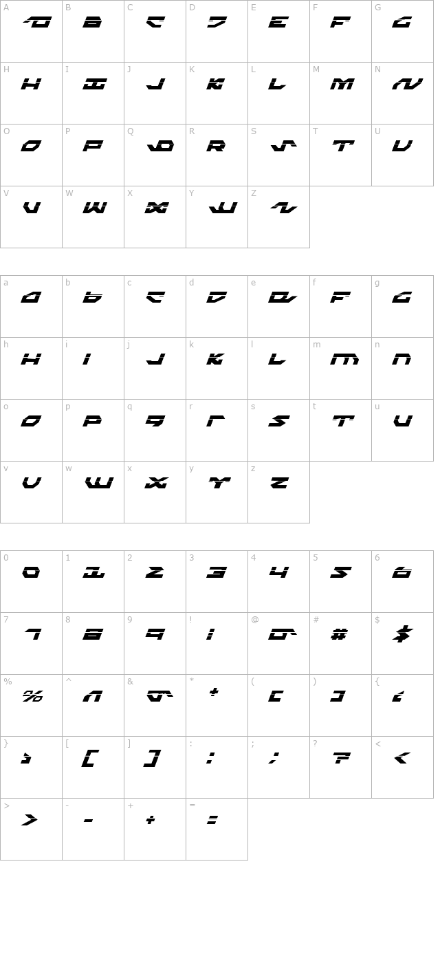 Nightrunner Laser Italic character map