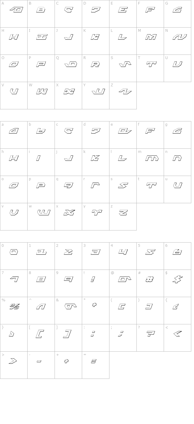 nightrunner-shadow-italic character map