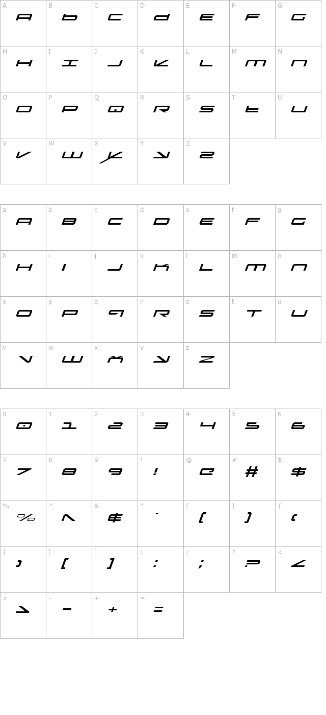 Oramac Light Italic character map