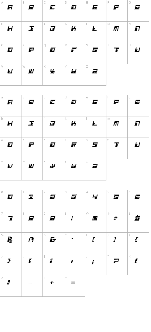 Phaser Bank Pro Italic character map