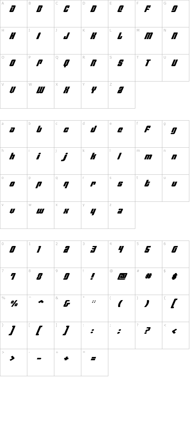 Philadelphia Expanded Italic character map