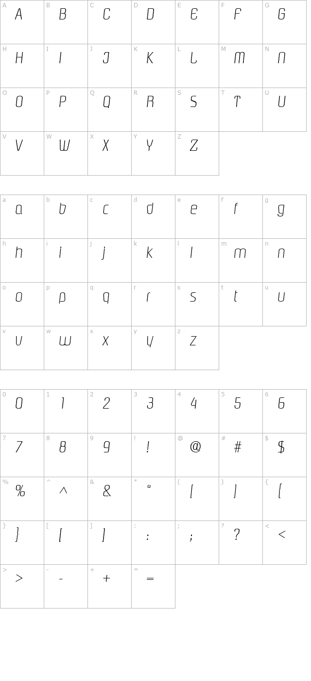 Piazza Light SF Italic character map