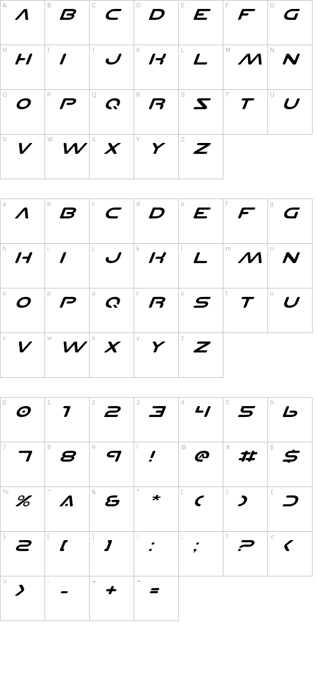 Planet NS Expanded Italic character map