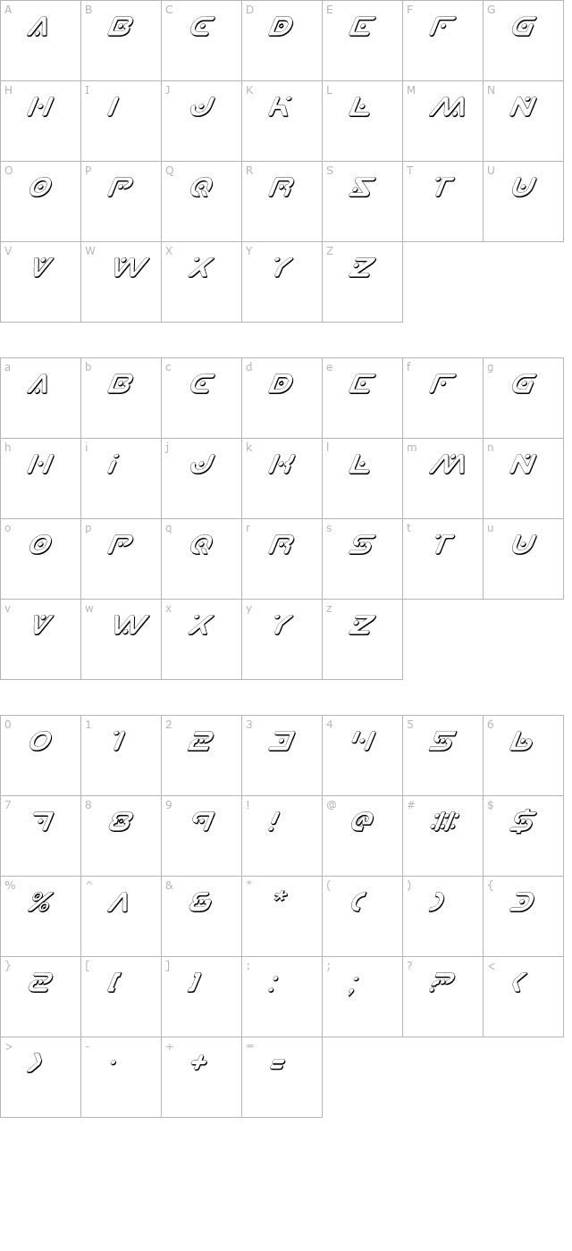 Planet X Shadow Italic character map