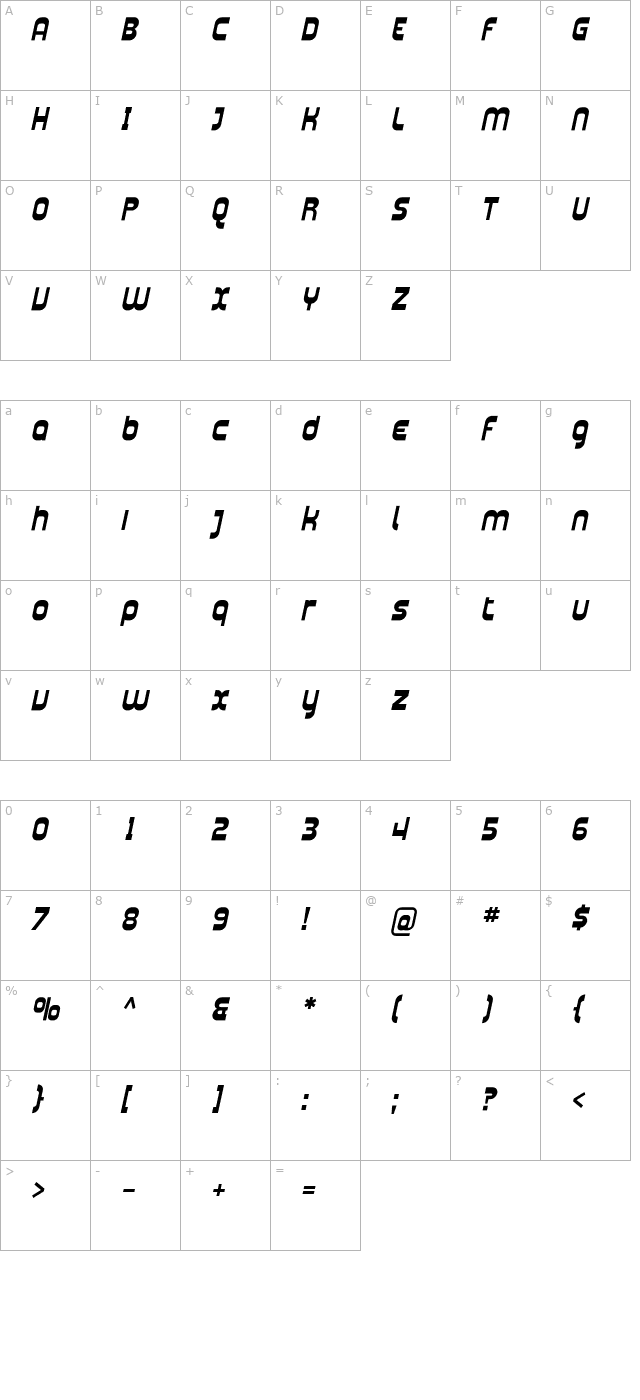 Plasmatica Bold Italic character map