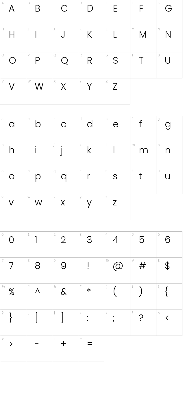 Poppins Light character map