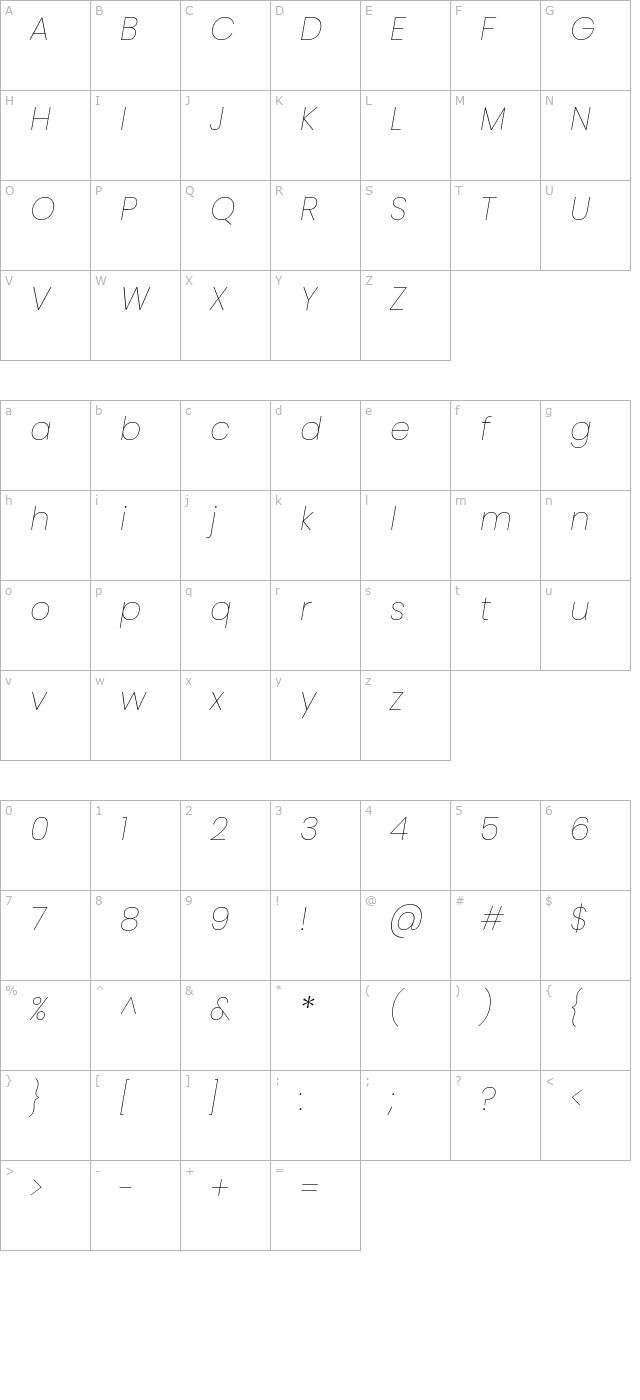 Poppins Thin Italic character map