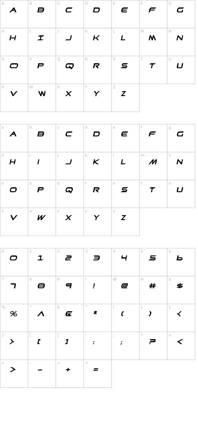 Promethean Bold Italic character map