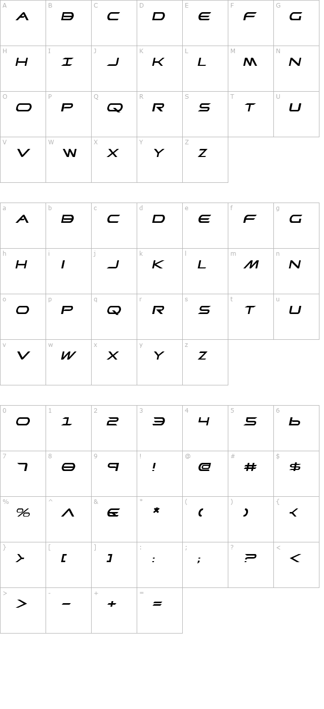 Promethean Expanded Italic character map