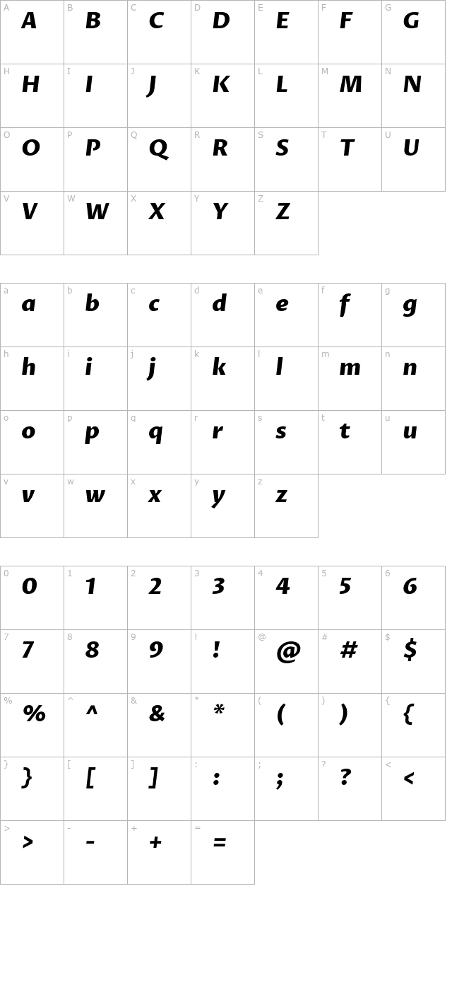 proza-libre-extrabold-italic character map