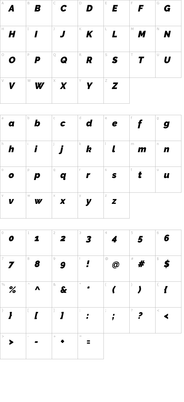 raleway-black-italic character map