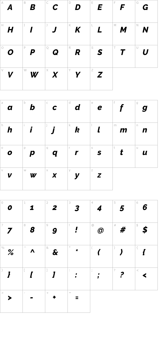 Raleway ExtraBold Italic character map