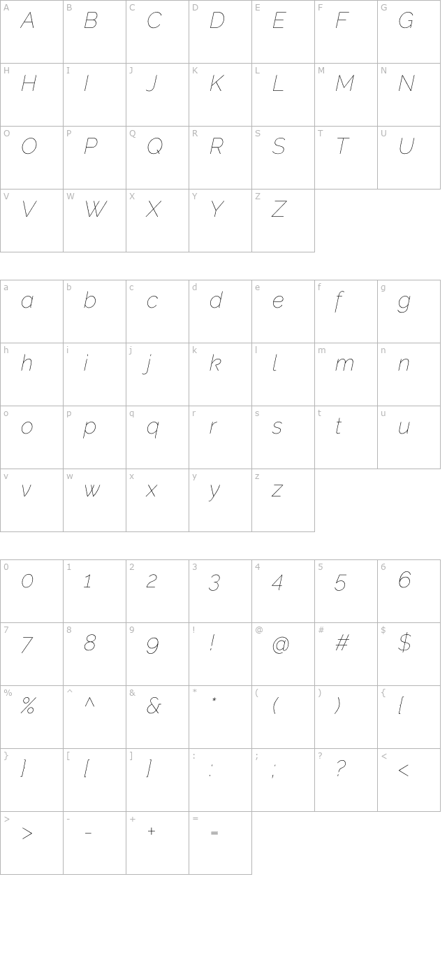 raleway-thin-italic character map