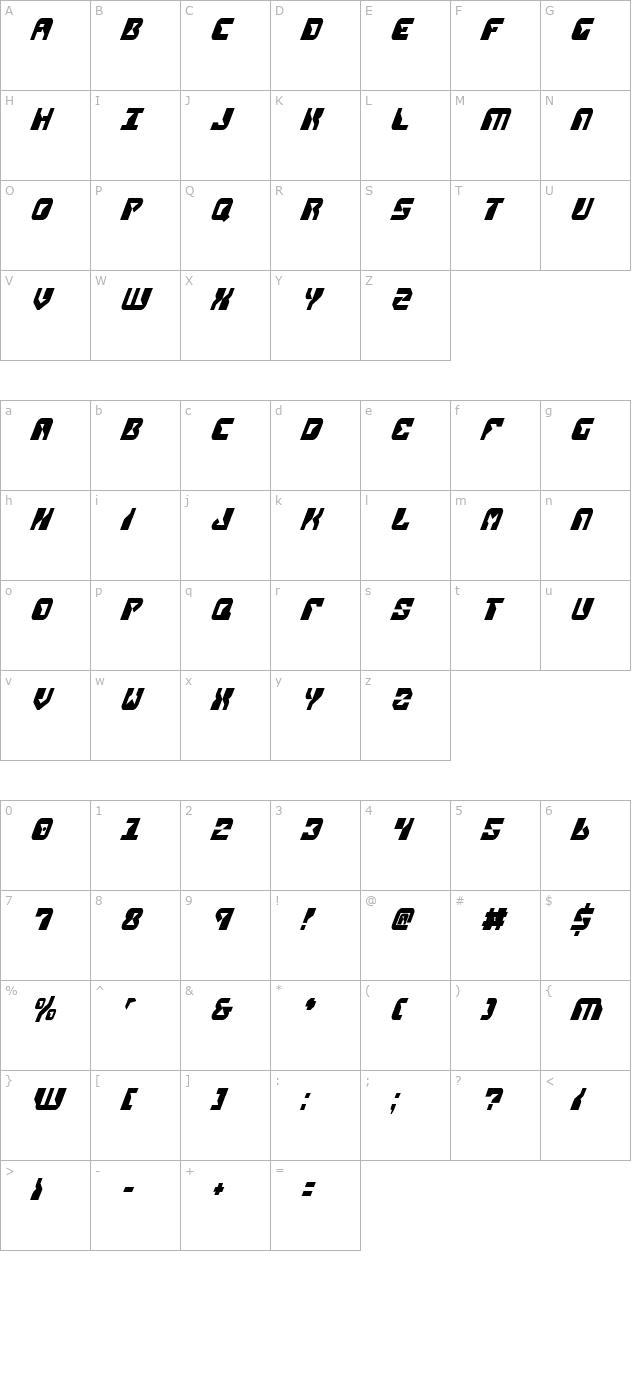 Replicant Condensed Italic character map