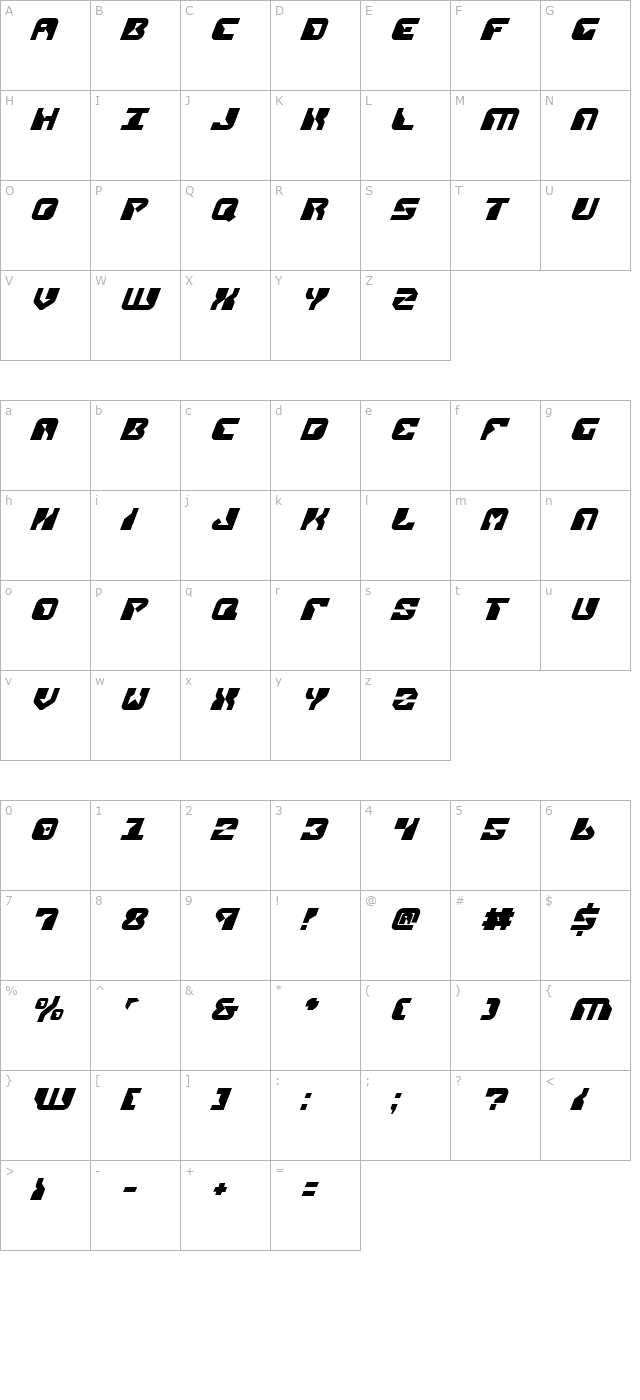 Replicant Italic character map