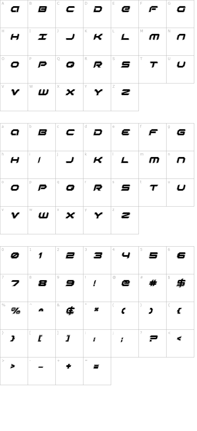 Robotaur Academy Italic character map