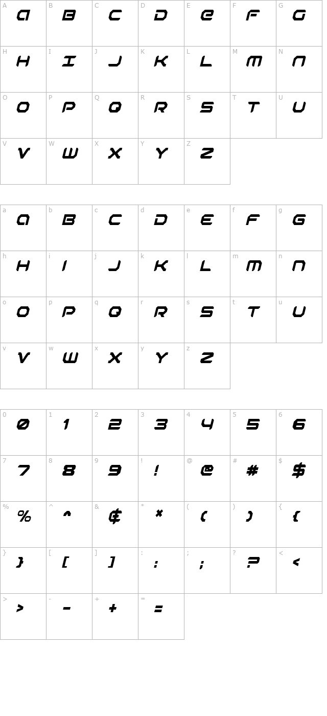 Robotaur Condensed Italic character map