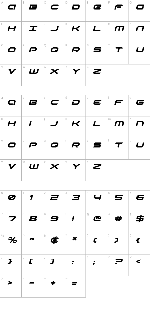 robotaur-expanded-italic character map