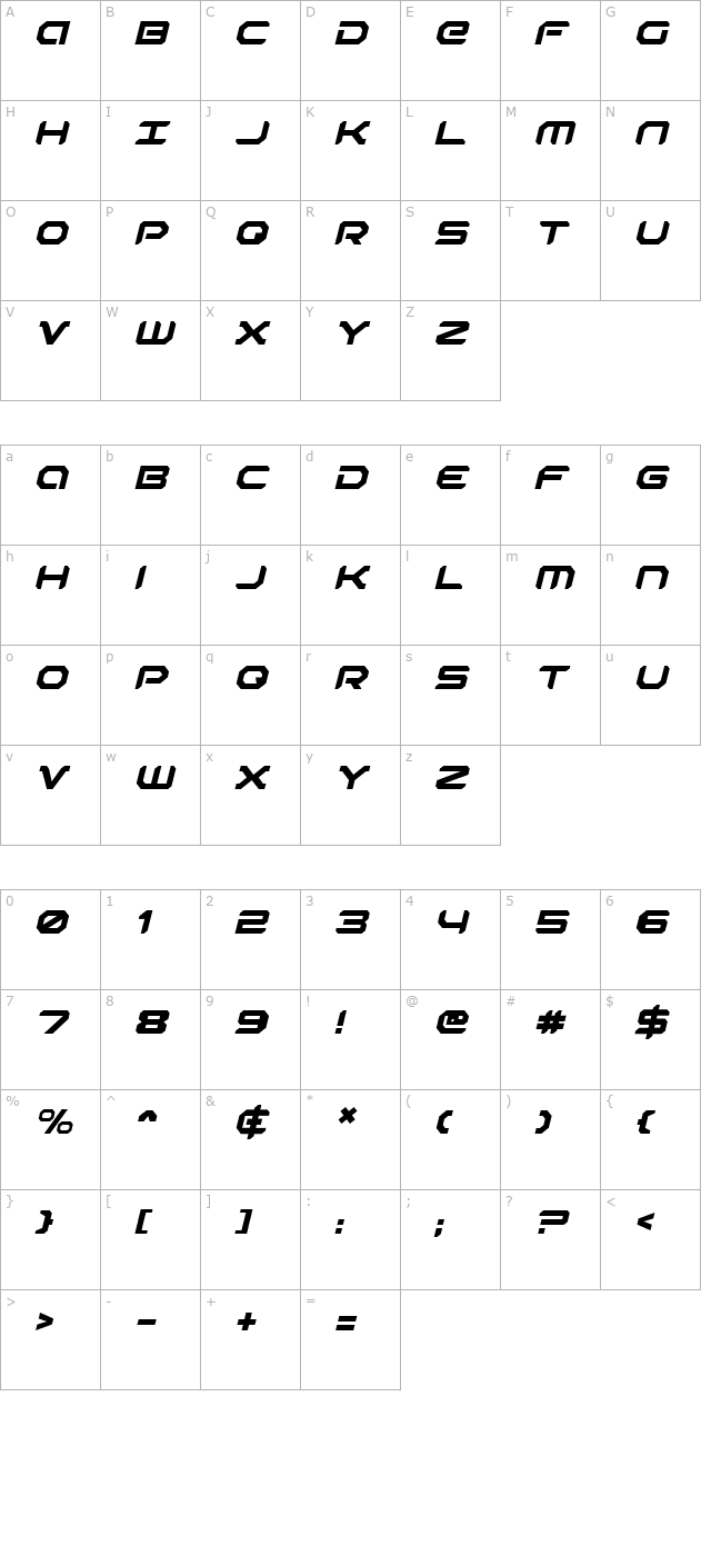 Robotaur Italic character map