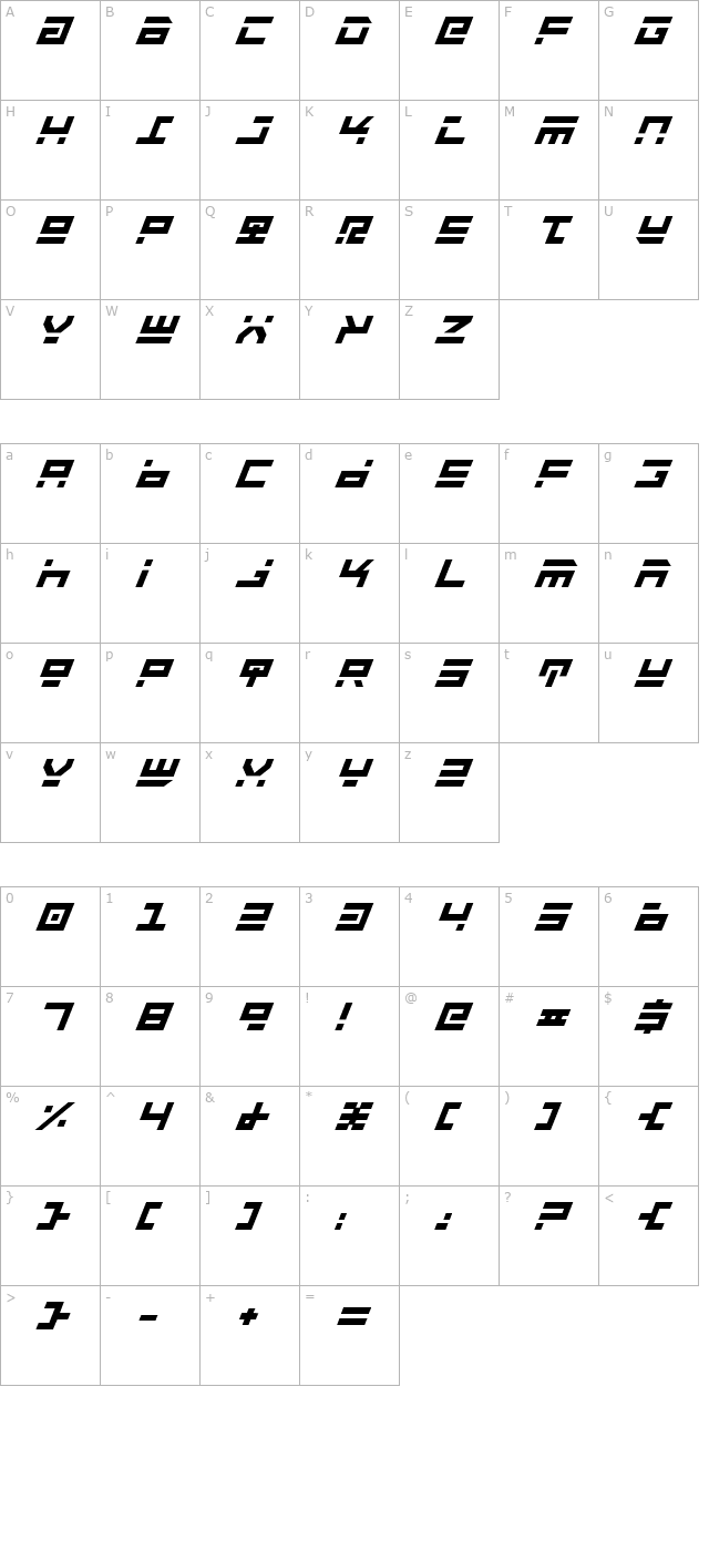 Rocket Type Bold Italic character map