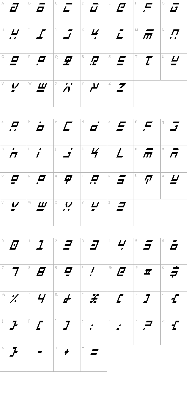 Rocket Type Condensed Italic character map