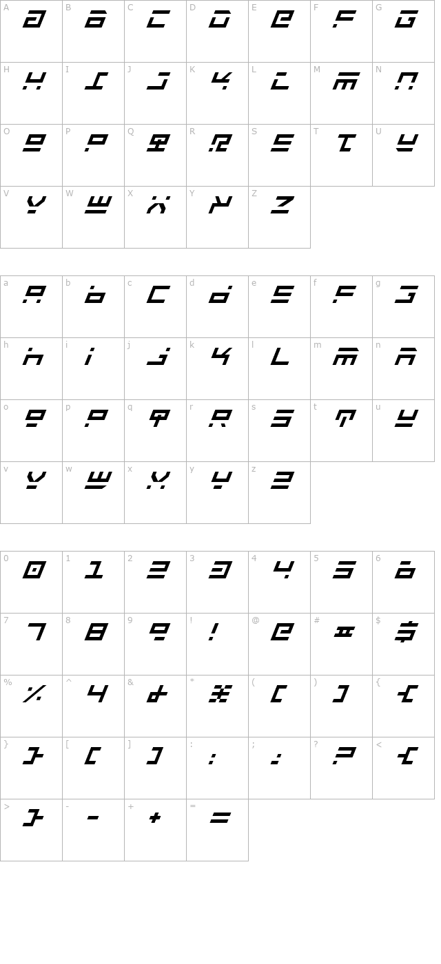 Rocket Type Italic character map