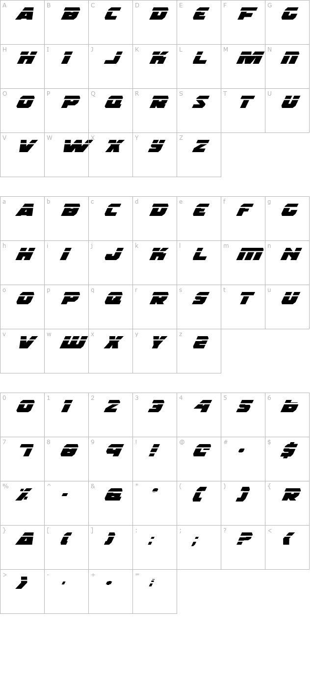 rogue-hero-laser-extended-italic character map