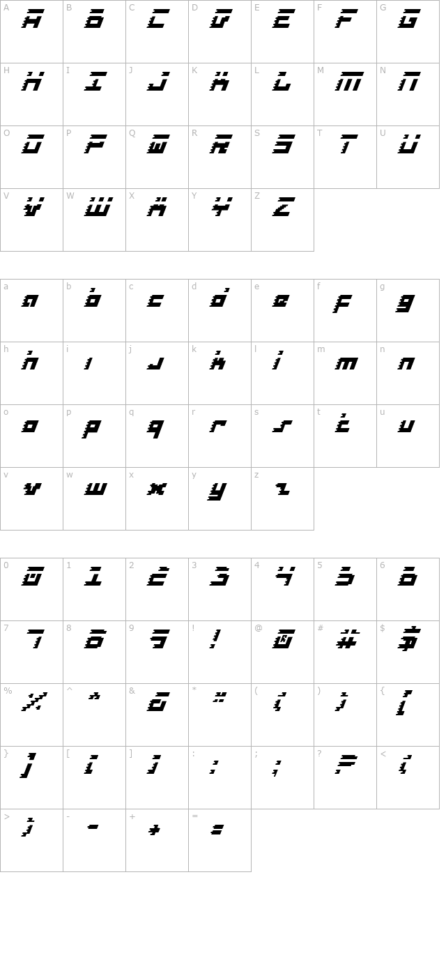 roid-rage-condensed-italic character map