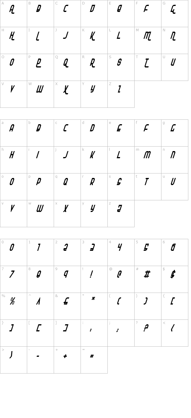 rokikier-condensed-italic character map