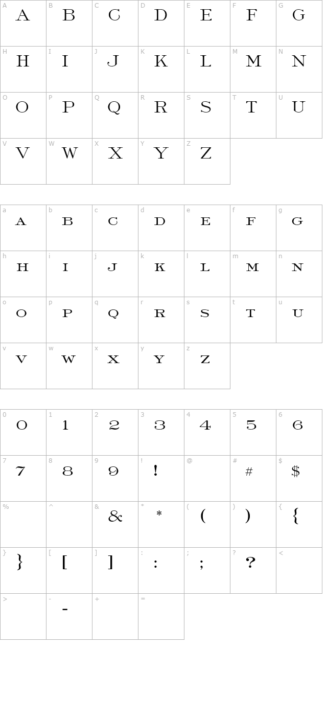 Roman Light AT character map