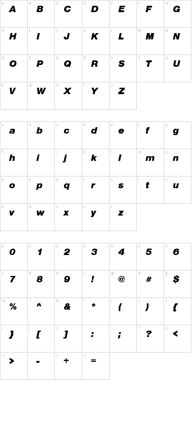 SansLH Bold Italic character map