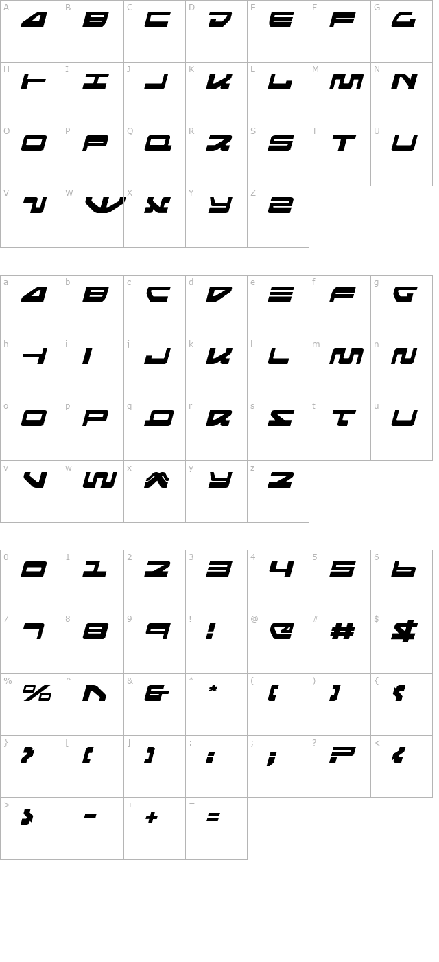 Searider Falcon Expanded Italic character map