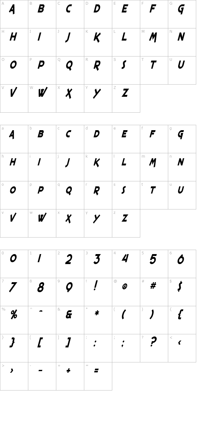 SF Espresso Shack Condensed Bold Italic character map