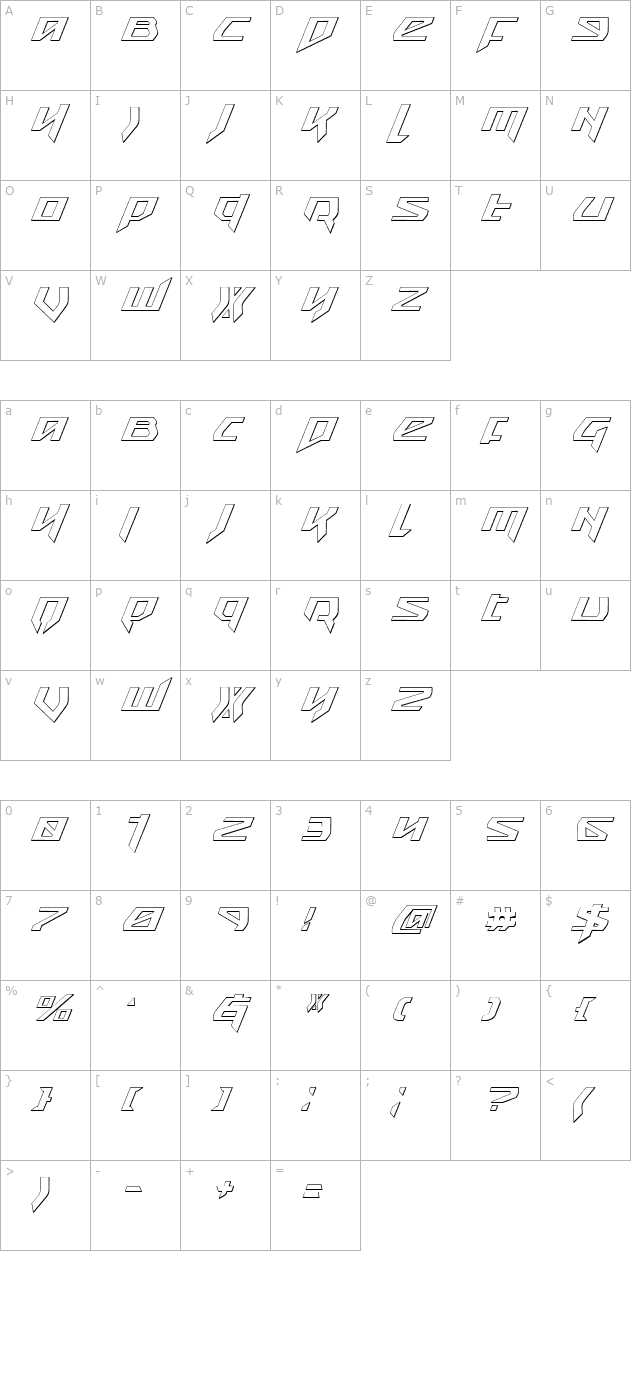 Snubfighter 3D Italic character map