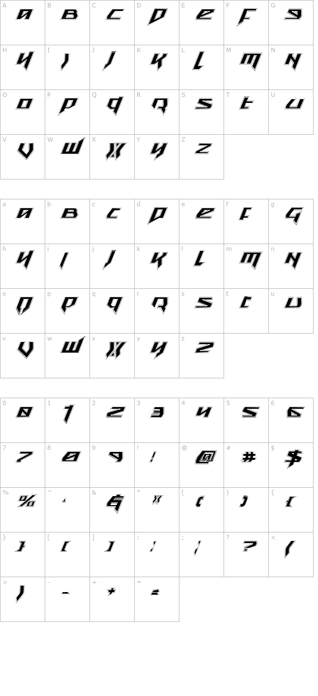 Snubfighter Academy Italic character map