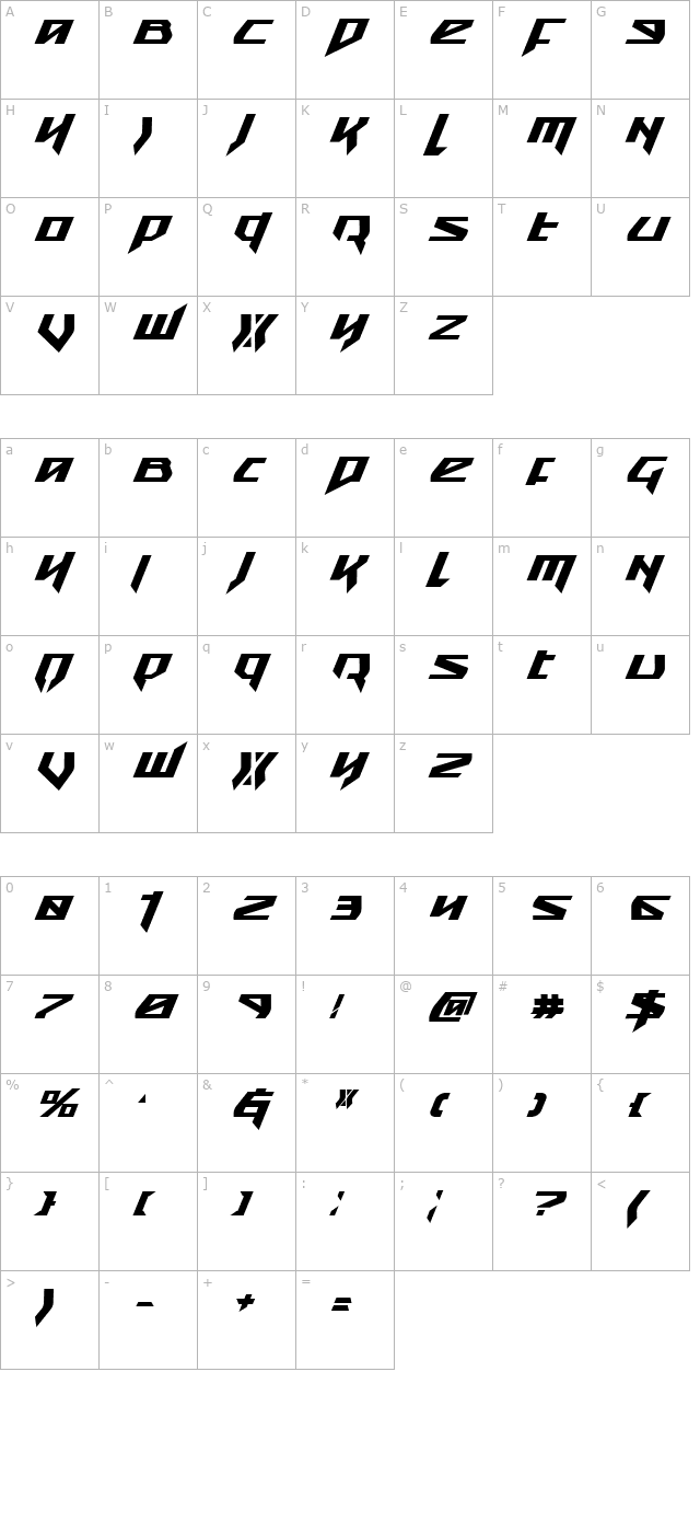 snubfighter-bold-italic character map