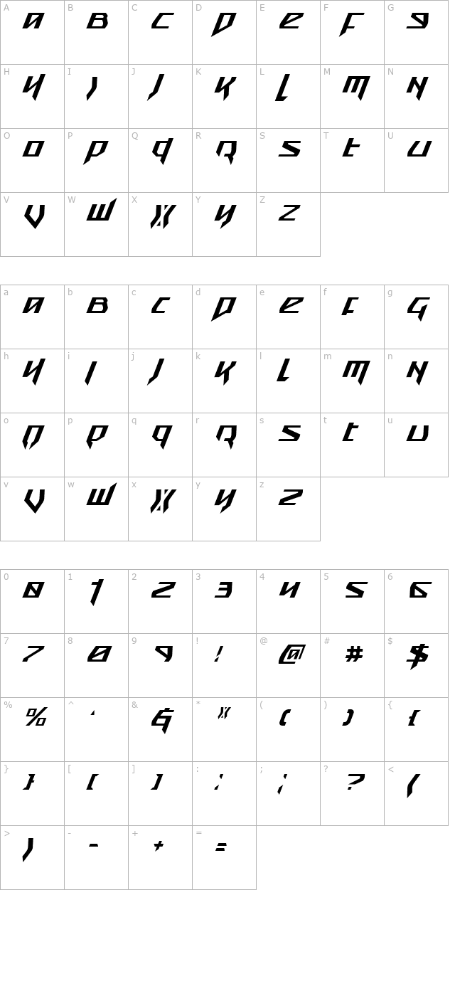 Snubfighter Condensed Italic character map