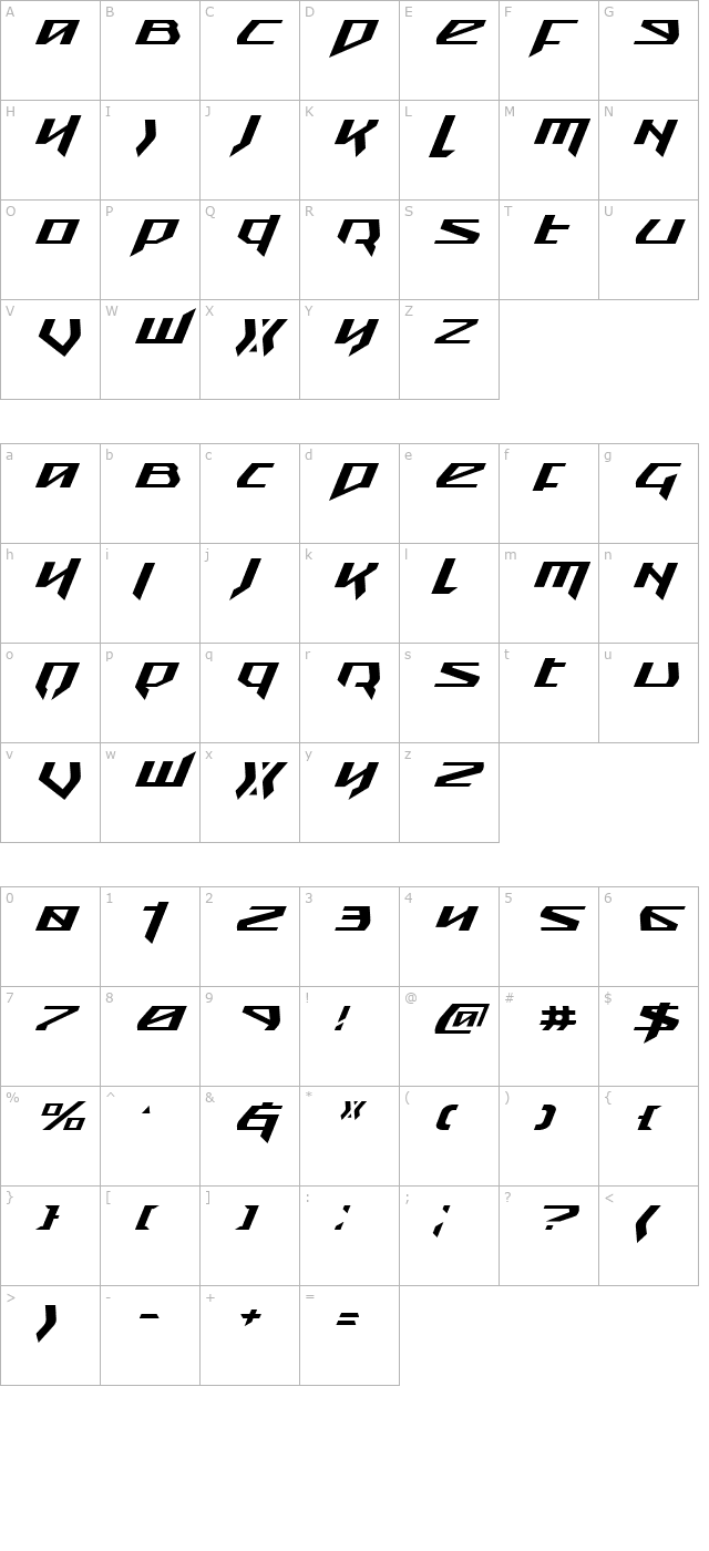 Snubfighter Expanded Italic character map