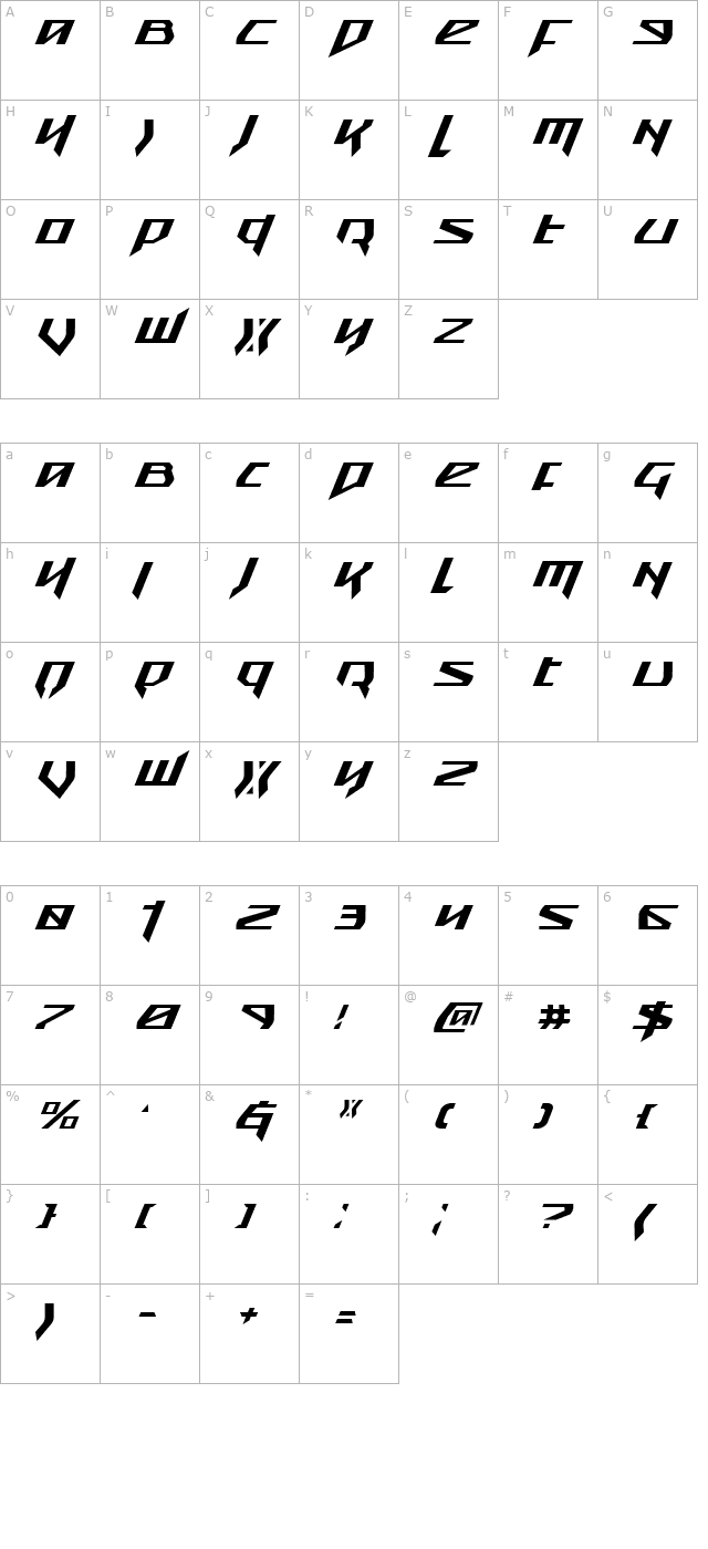 Snubfighter Italic character map