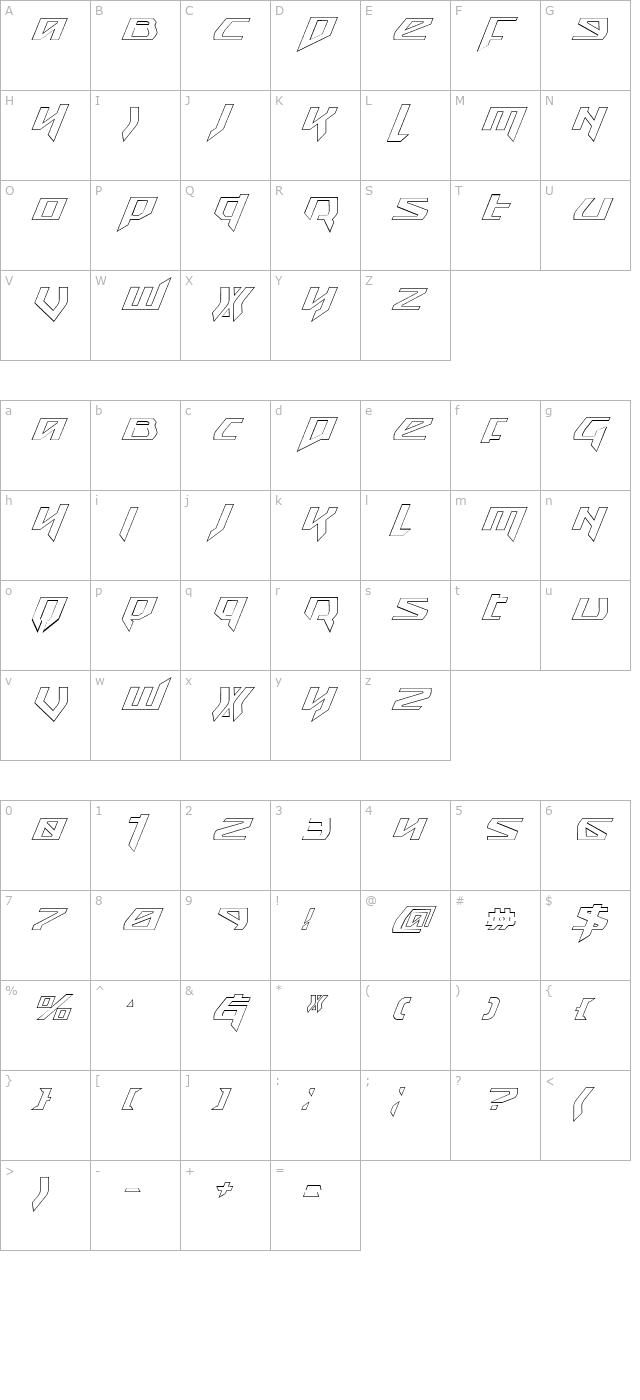 Snubfighter Outline Italic character map