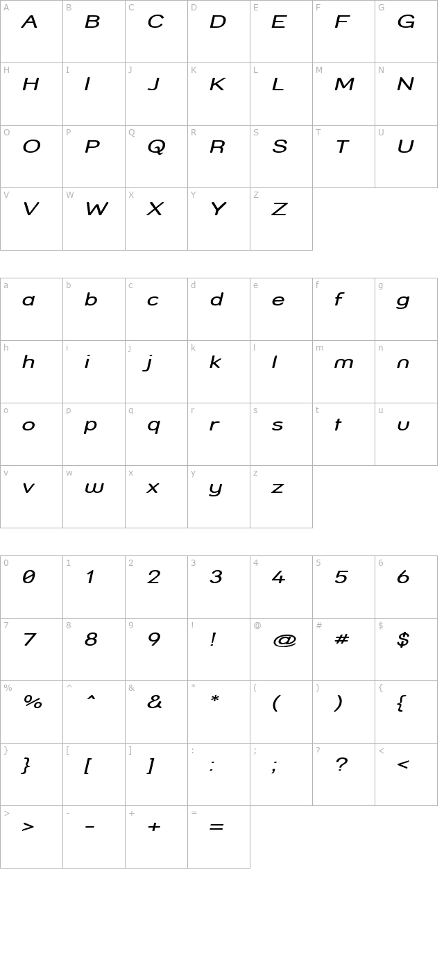 street-compressed-italic character map