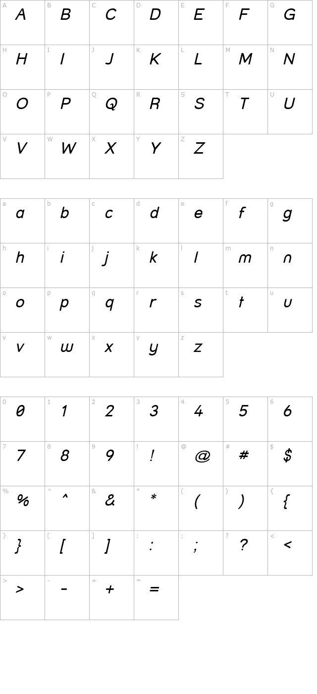 Street Italic character map