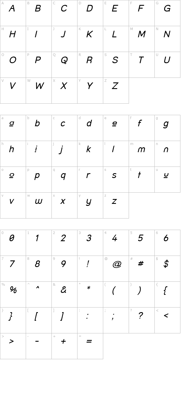 street-upper-italic character map