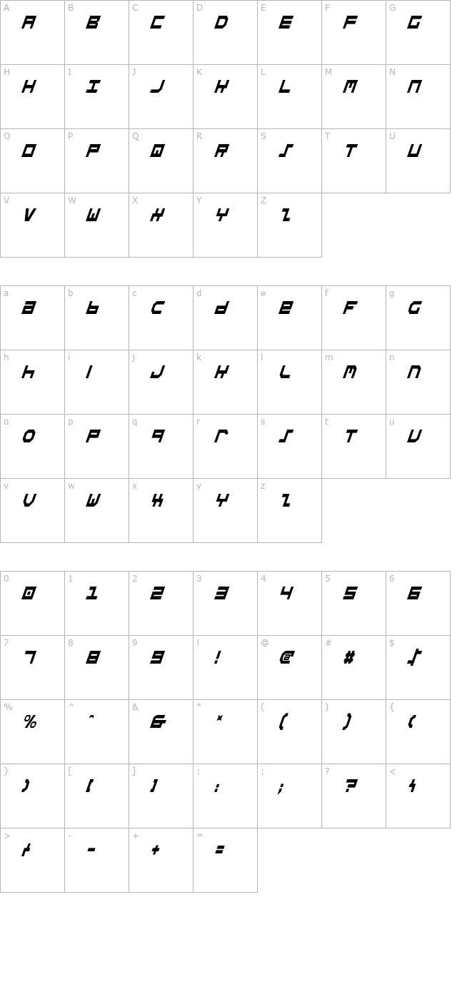 stuntman-condensed-italic character map